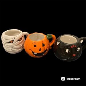 Three Halloween Mugs Mummy,Pumpkin and Cat